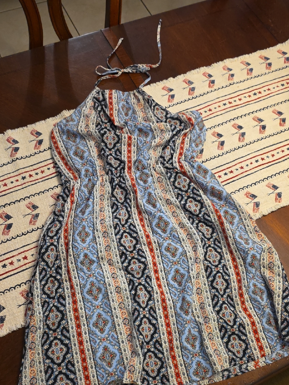Boho Striped Paisley Halter Sundress - Blue Rust Cream Women's Haulter